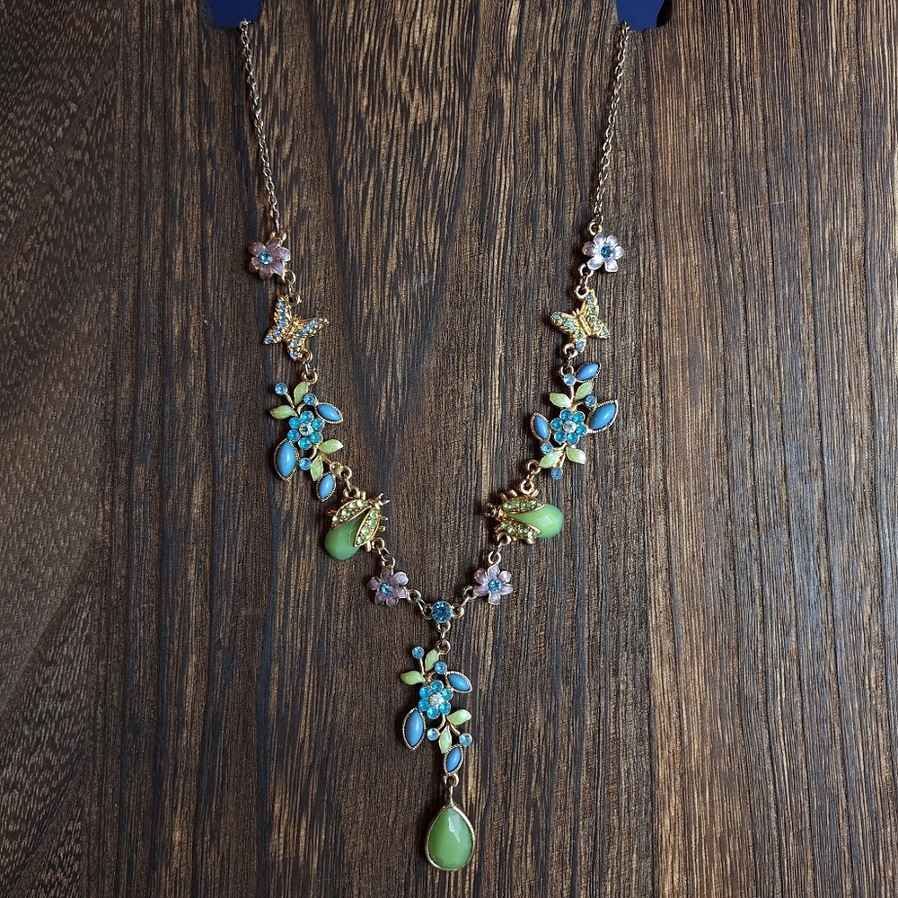 Goldtone Y Necklace Butterflies Flowers Insects Faux Gemstones Rhinestones 15.5"